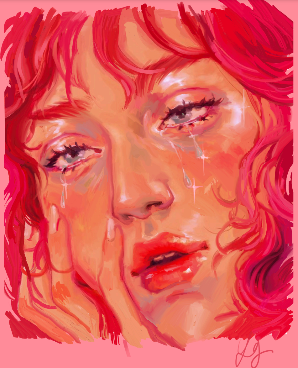 digital drawing of a woman's face, shades of pink, red, and orange